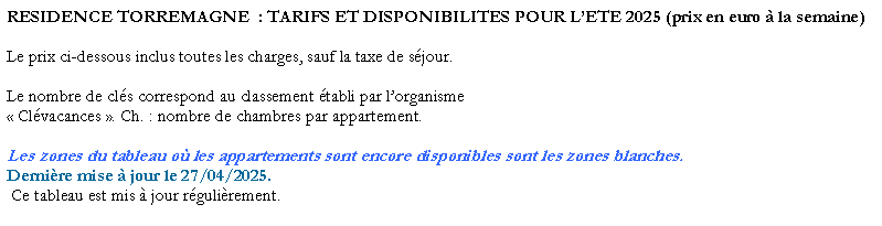 Zone de Texte: RESIDENCE TORREMAGNE  : TARIFS ET DISPONIBILITES POUR LETE 2024 (prix en euro  la semaine)Le prix ci-dessous inclus toutes les charges, sauf la taxe de sjour. Le nombre de cls correspond au classement tabli par lorganisme  Clvacances . Ch. : nombre de chambres par appartement.Les zones du tableau o les appartements sont encore disponibles sont les zones blanches.Dernire mise  jour le 21/04/2024. Ce tableau est mis  jour rgulirement.