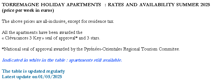 Zone de Texte: TORREMAGNE HOLIDAY APARTMENTS  : RATES AND AVAILABILITY SUMMER 2024 (price per week in euros)The above prices are all-inclusive, except for residence tax. All the apartments have been awarded the  Clvacances 3 Key  seal of approval* and 3 stars. *National seal of approval awarded by the Pyrnes-Orientales Regional Tourism Commitee.Indicated in white in the table : apartments still available.The table is updated regularlyLatest update on 01/05/2024