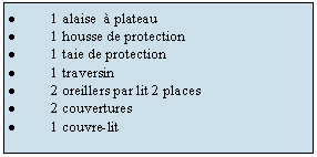 Zone de Texte: 1 alaise   plateau1 housse de protection1 taie de protection1 traversin2 oreillers par lit 2 places2 couvertures1 couvre-lit