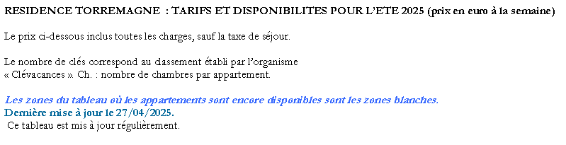 Zone de Texte: RESIDENCE TORREMAGNE  : TARIFS ET DISPONIBILITES POUR LETE 2025 (prix en euro  la semaine)Le prix ci-dessous inclus toutes les charges, sauf la taxe de sjour. Le nombre de cls correspond au classement tabli par lorganisme  Clvacances . Ch. : nombre de chambres par appartement.Les zones du tableau o les appartements sont encore disponibles sont les zones blanches.Dernire mise  jour le 27/04/2025. Ce tableau est mis  jour rgulirement.