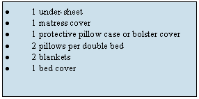 Zone de Texte: 1 under-sheet1 matress cover1 protective pillow case or bolster cover2 pillows per double bed2 blankets1 bed cover