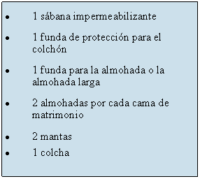 Zone de Texte: 1 sbana impermeabilizante1 funda de proteccin para el colchn1 funda para la almohada o la almohada larga2 almohadas por cada cama de matrimonio2 mantas1 colcha